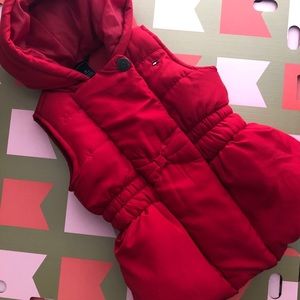 Red Puffer Hooded Vest with Bow
